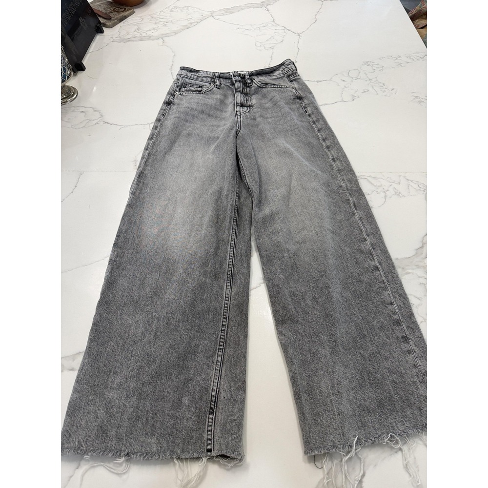 Zara Jeans Womens 4 Gray High Rise Wide Leg Relaxed Charcoal Fringe Hem Denim